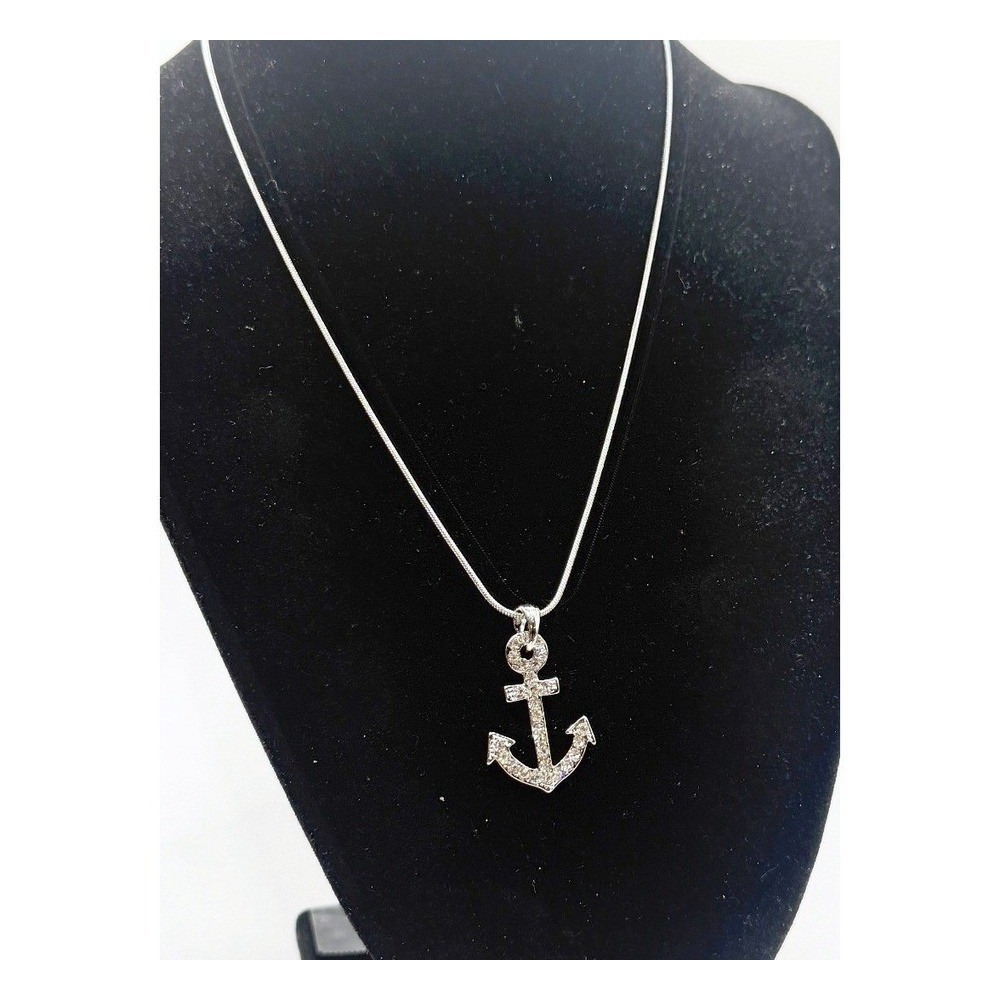 Silver Tone Rhinestone Anchor Necklace 17" Snake Chain Nautical